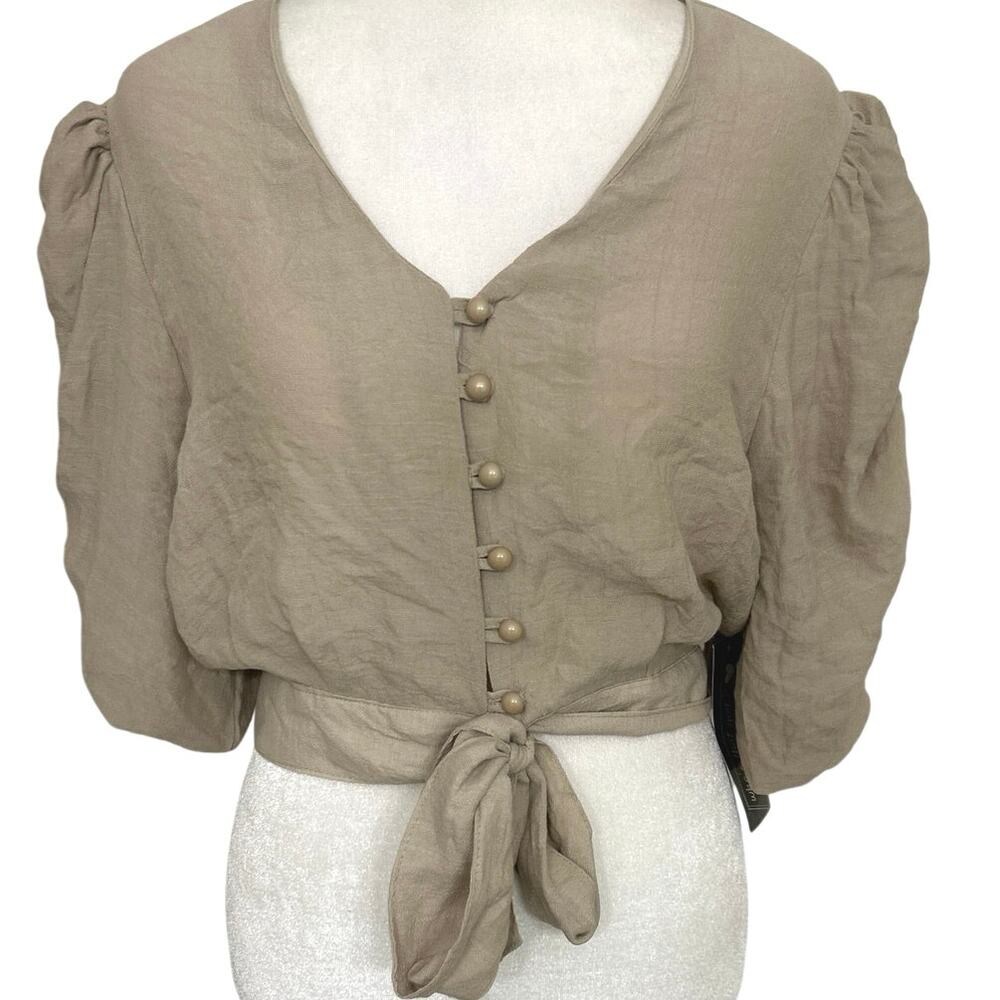 NWT Puff Sleeve Tie Front Crop Top Taupe Coquette Cottagecore Romantic Small